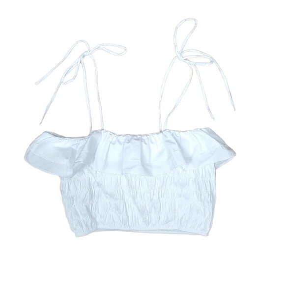 🏆027 Zara Ruffled Smocked White Crop Tank Top - Picture 4 of 6